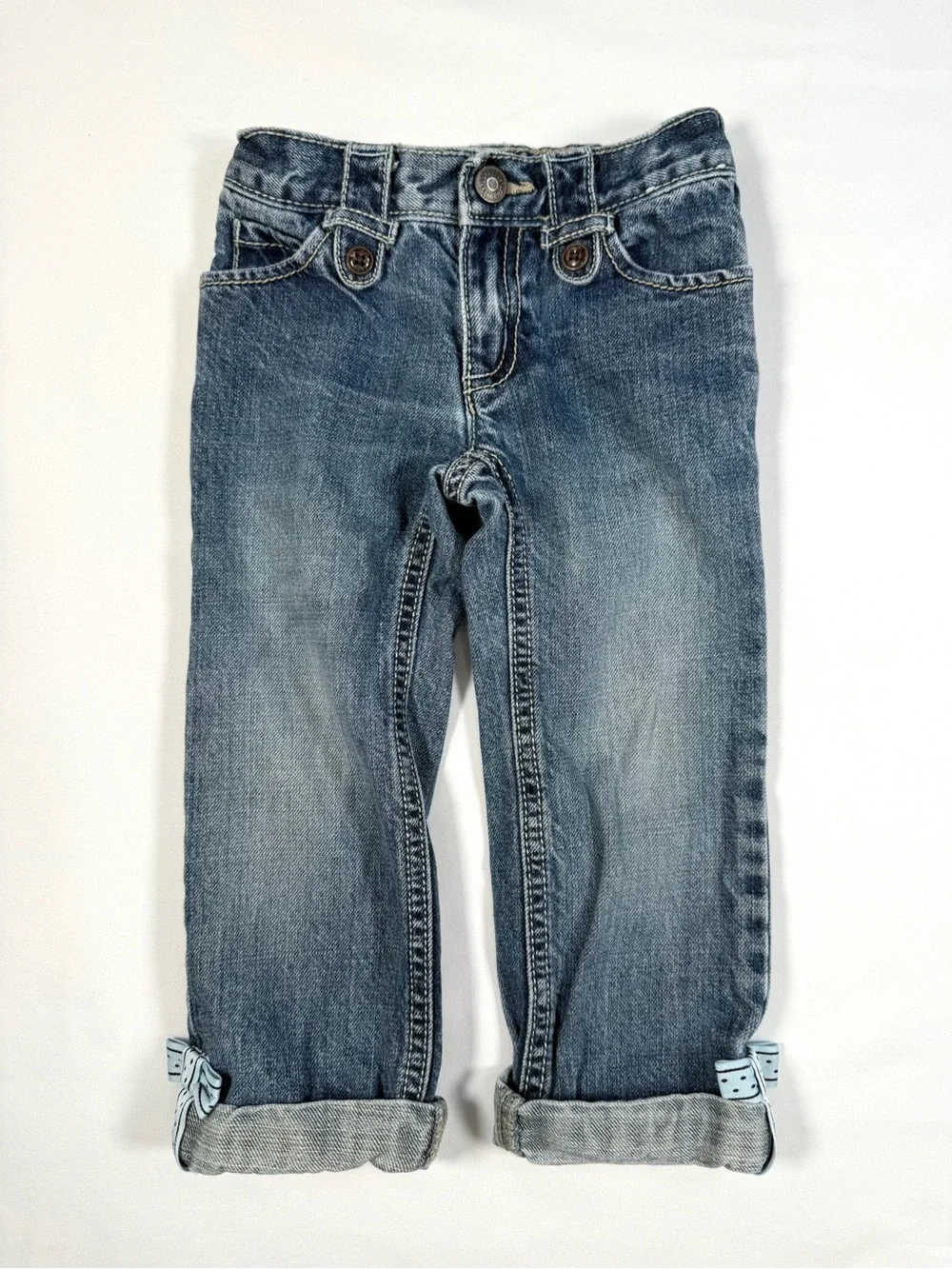 GYMBOREE Vintage Toddler Girl Denim Bow Applique Roll Cuff Y2K-Inspired Jeans 2T